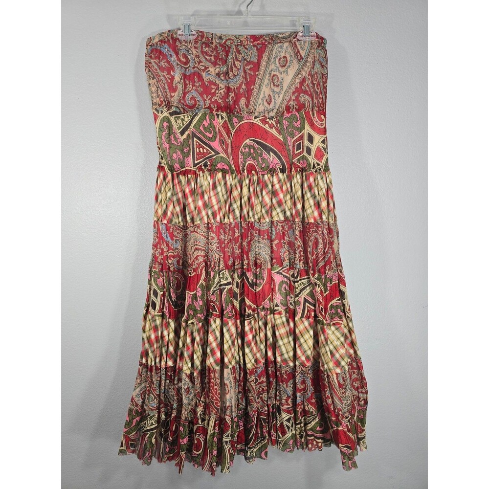 Solitaire Los Angeles Size Large Boho Paisley Floral Plaid Tiered Maxi Skirt BQ